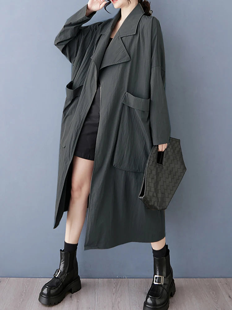 XITAO Patchwork Pocket Open Stitch Female Coat Casual Loose Fitting Solid Color Full Sleeve A-line Autumn Women Trench GMM1175