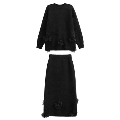 XITAO Flower V-neck Loose Fitting Dress Set Full Sleeve Knitting Fashion New Arrival Solid Color Autumn Women Set GMM1272