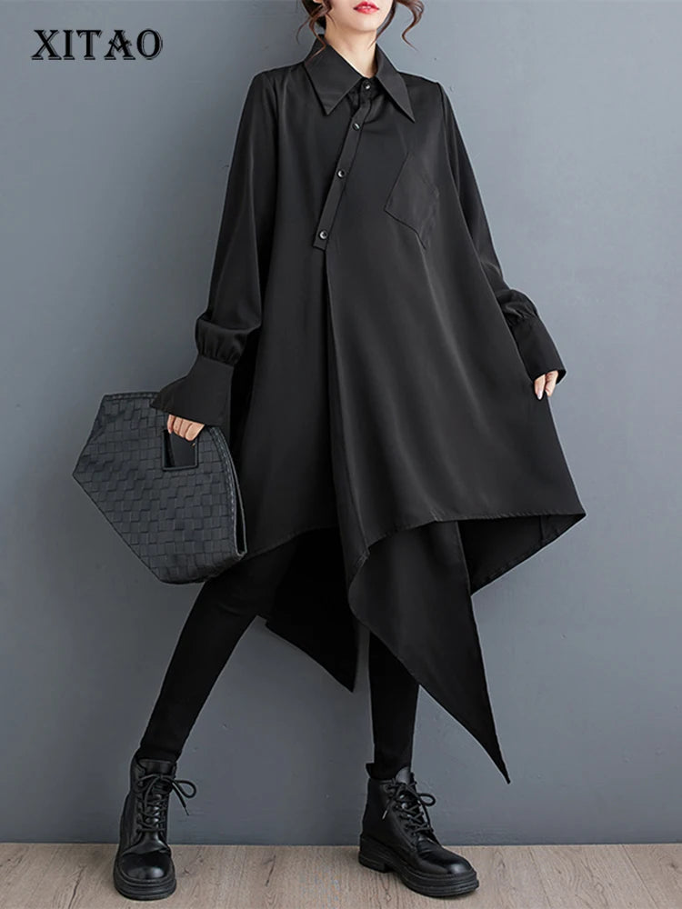 XITAO Asymmetrical Black Shirt Dress Personality Fashion Loose Long Sleeve Women Street Trendy Dress Spring New ZY8651