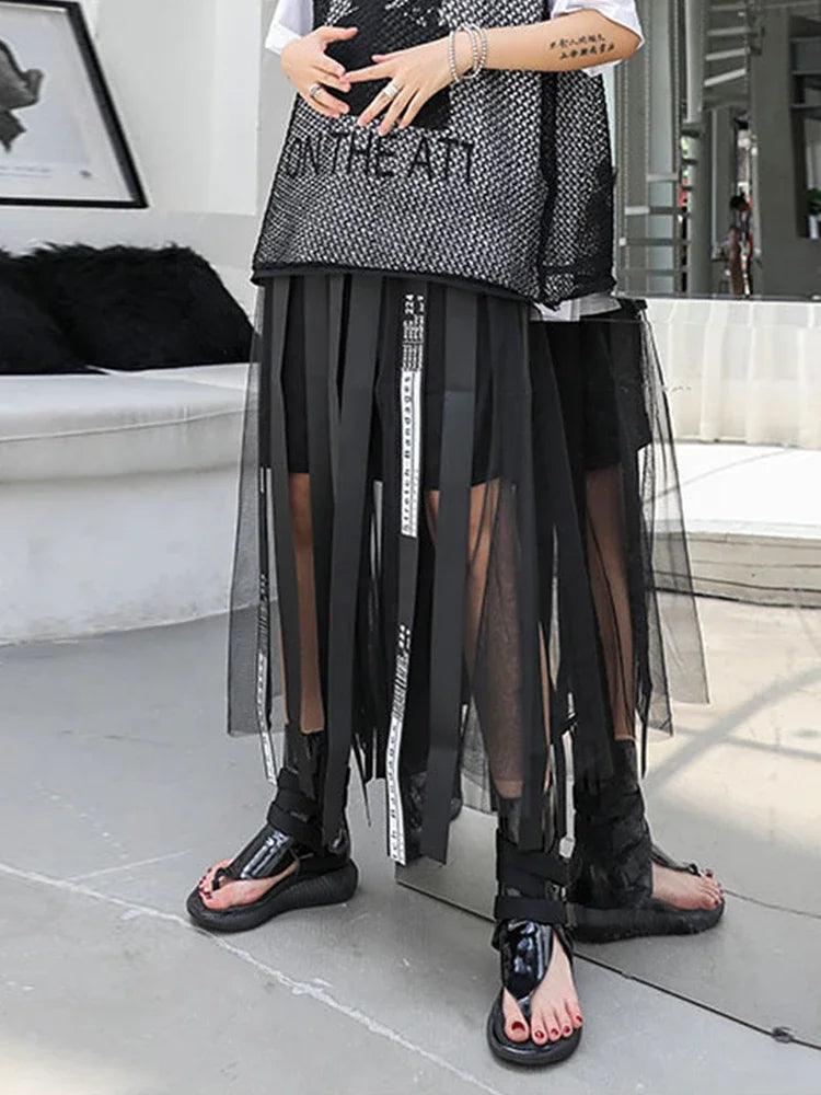 XITAO Mesh Hollow Out Print Letter Long Skirt Women Tape Elastic Waist Black Casual A-line Summer 2019 New Korea WLD1084