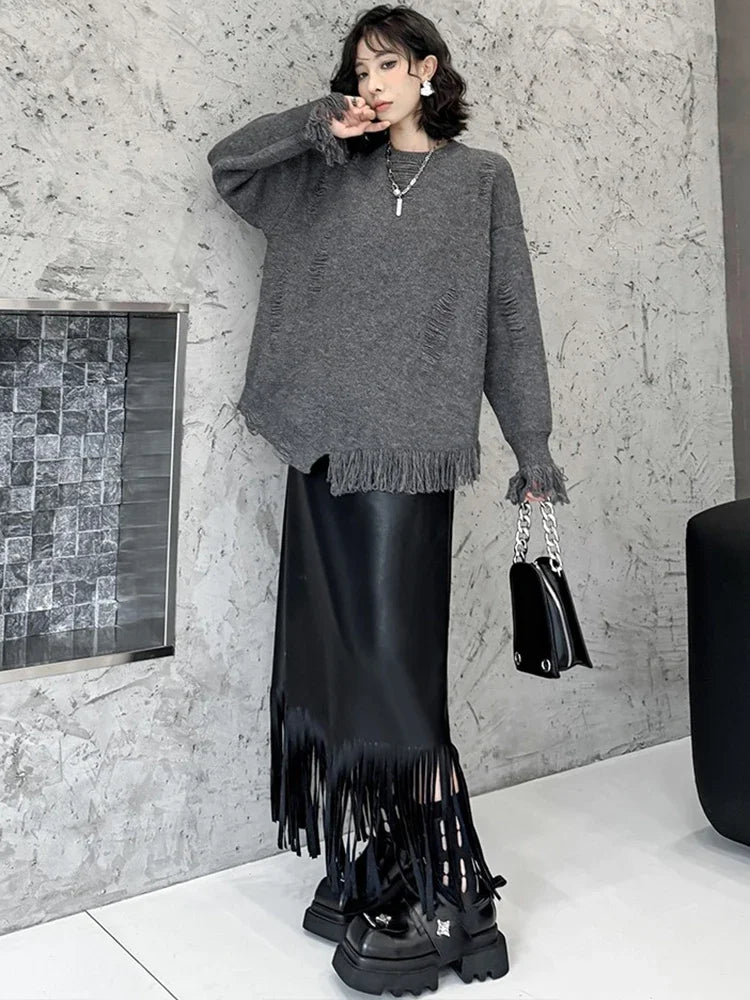 XITAO Irregular Hole Solid Color Female Sweater O-neck Full Sleeve Loose Casual Hollow Out Knitting Women Sweater New ZYY1026