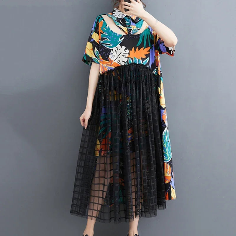 XITAO Patchwork Casual Dress Women Personality Fashion Loose Turn-down Collar Short Sleeve Dress Korea 2024 Summer New WLD11788