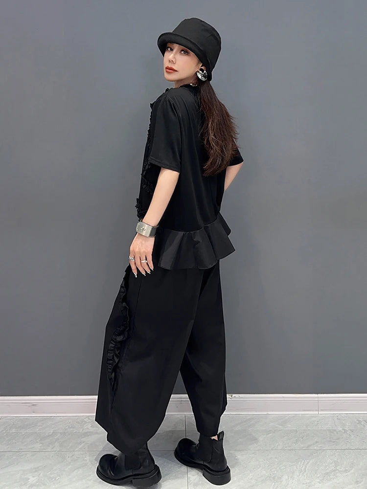 XITAO Black Casual Pant Set Summer Three-dimensional Flower O-neck Loose Fashion Wide Leg Cropped Pants Two-piece Set LYD1845