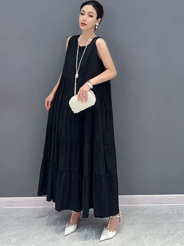 XITAO Sleeveless Loose Solid Color Pleated O-neck Dress Casual Fashion Women 2024 Summer New Pullover Simplicity Dress DMJ1898