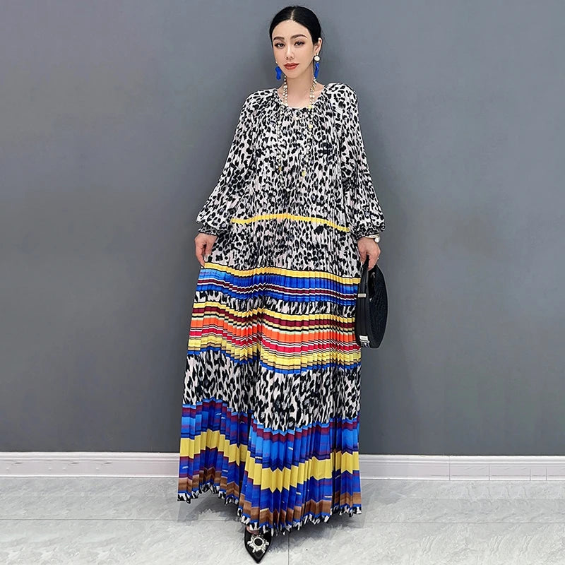 XITAO Pleated Print Dress Leopard New Loose Fashion Female Full Sleeve O-neck Spring Elegant Casual All Match Dress LYD1868