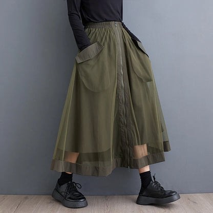 XITAO Gauze Patchwork Zipper Pockets Skirts Elastic Waist Solid Color Loose Mid-calf All Match Skirts 2024 Autumn New HJF5086