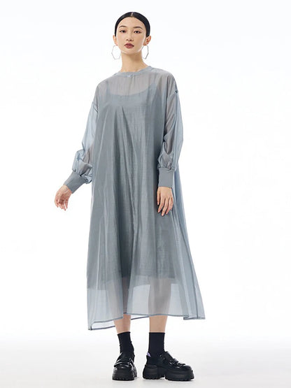 XITAO Perspective Mesh Female Long Sleeve Dresses Casual 2024 Autumn O-neck Pullover A-line Loose Mid Calf Women Dress LJ1072