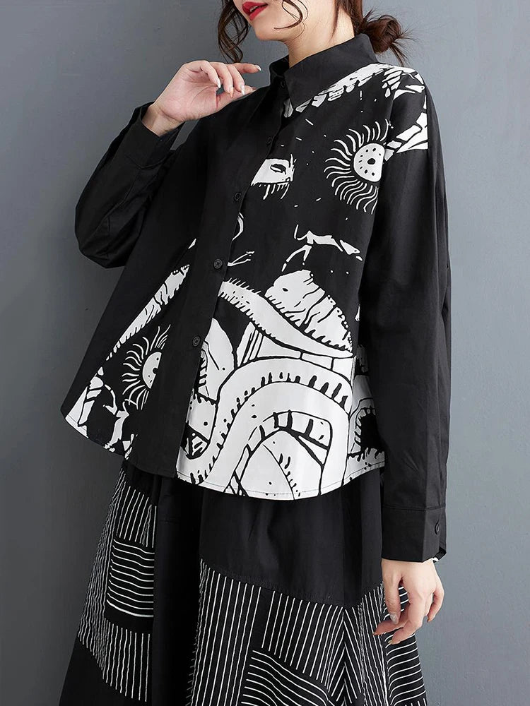 XITAO Casual Print Loose Shirt Turn-down Collar Full Sleeve Single Breasted Simplicity Spring Fashion Women New Top LYD1713