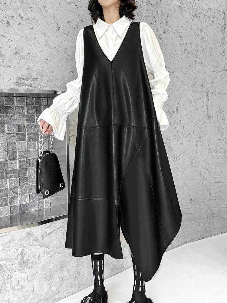 XITAO Casual Solid Color Loose V-neck A-line Dress Mid-calf Sleeveless Irregular Slim Pullover Autumn Female Dress ZYY1078