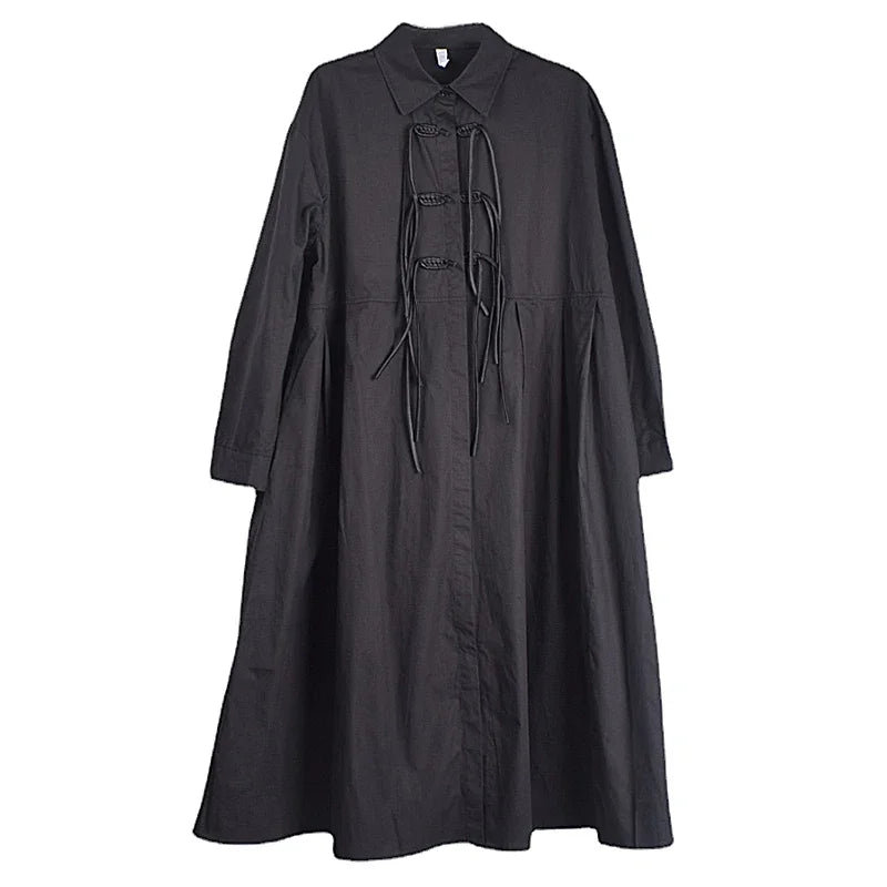 XITAO Black Fashion Shirt Dress Loose Long Sleeve Turn-down Collar Tassel Button Decoration Initial Spring New ZZ0008