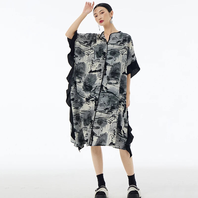 XITAO Print Patchwork Edible Tree Fungus Irregular Dress O-neck Personality Temperament Fashion Loose Women New Dress ZY8829