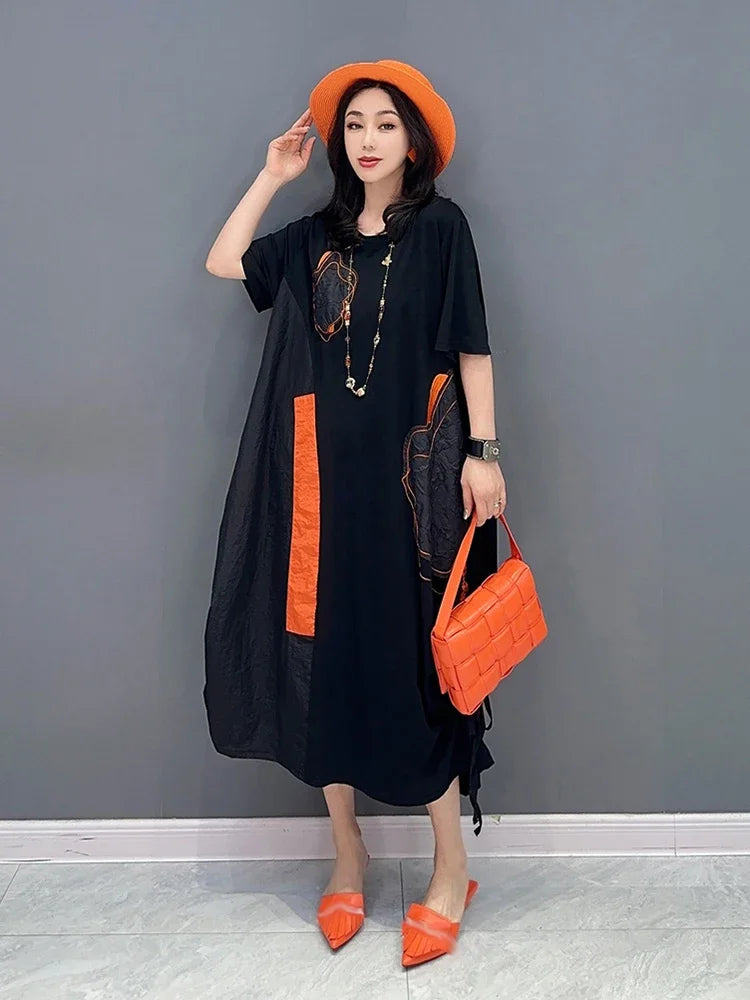 XITAO Black Casual Dress Loose Fashion Irregular Draw String Folds Patchwork Dress 2023 Summer Simplicity New Women WLD11248