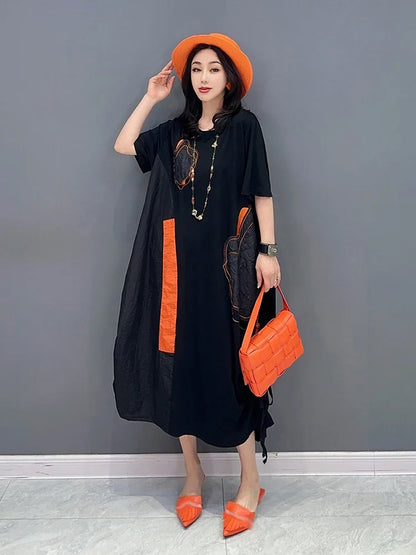 XITAO Black Casual Dress Loose Fashion Irregular Draw String Folds Patchwork Dress 2023 Summer Simplicity New Women WLD11248