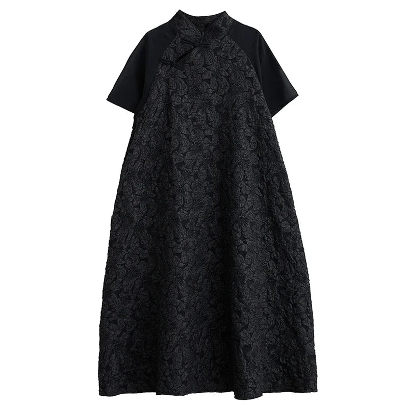 XITAO Vintage Patchwork Dress Fashion Floret Stand Collar Temperament Elegant Women Summer Loose Trend Dress DMJ2127