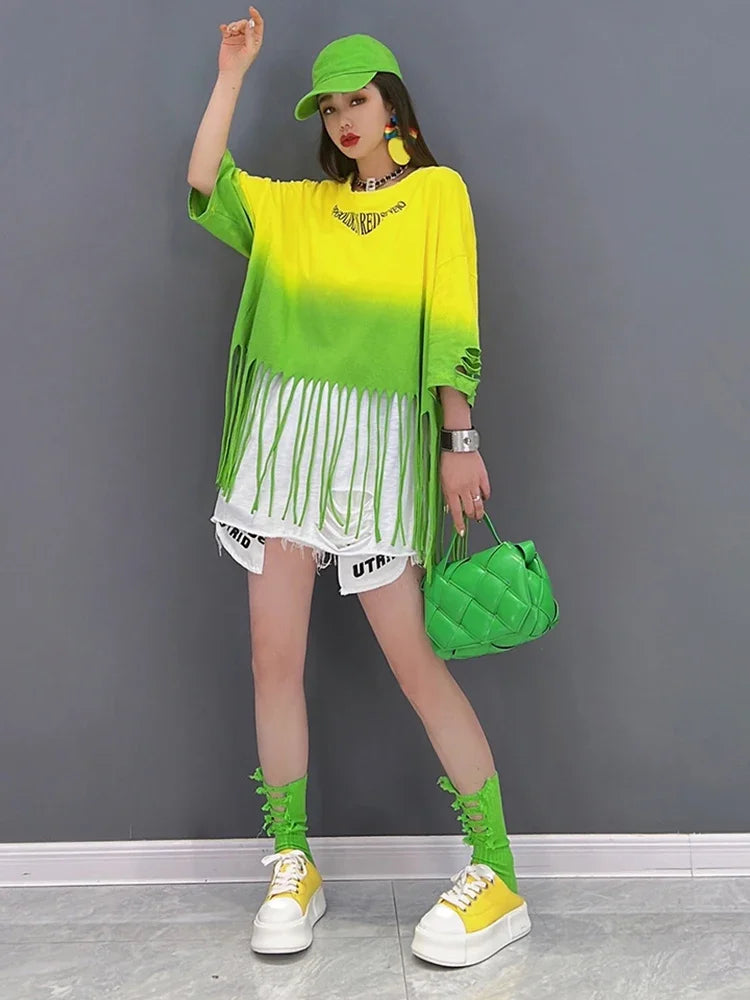 XITAO Patchwork Tassel T-Shirt Women Korea Summer New Personality Fashion Loose O-neck Three Quarter Sleeves T-Shirt ZY6822