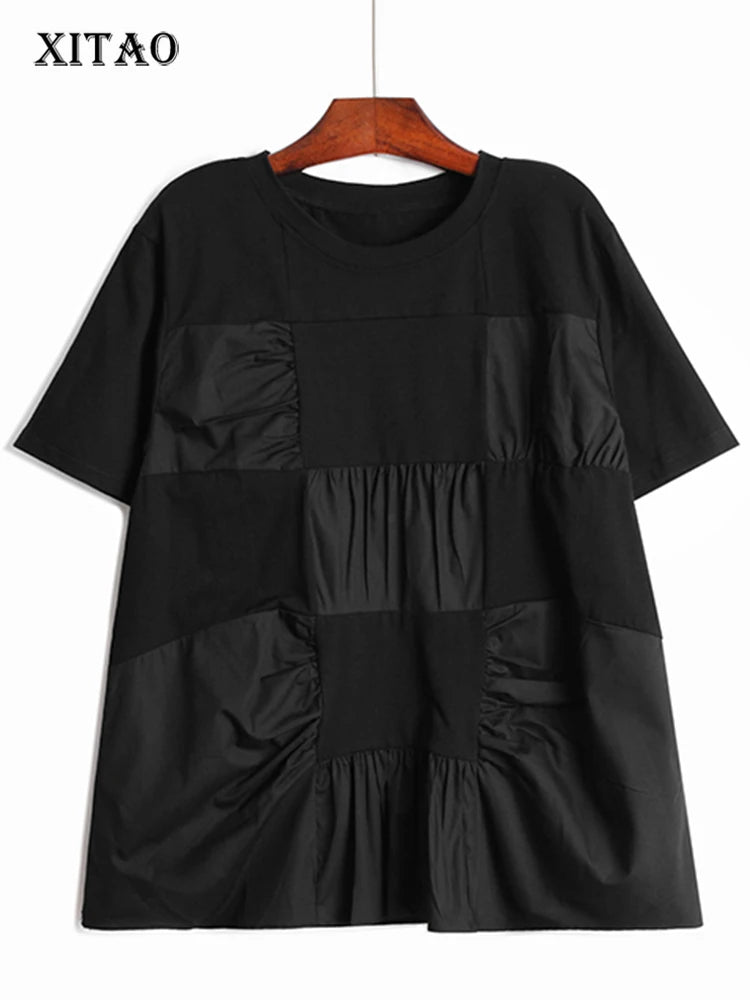 XITAO Block Patchwork O-neck Short Sleeve T-shirt Pleated Loose Casual 2024 Summer New Women All-match T-shirt Top LYD1889