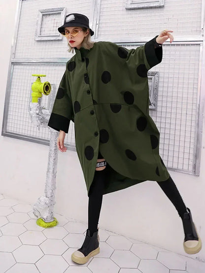 XITAO Irregular  Trench Women Polka Dot Autumn Single Breast Pocket Elegant Patchwork Turn Down Collar Coat GCC1781