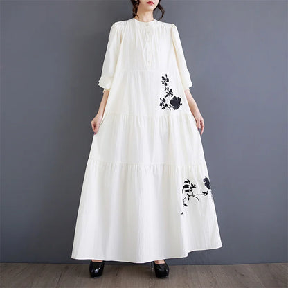 XITAO Patchwork Loose Embroidery Female Dress 2024 New Casual Long Sleeve O-neck Ankle Length A-line Autumn Women Dress LJ1068