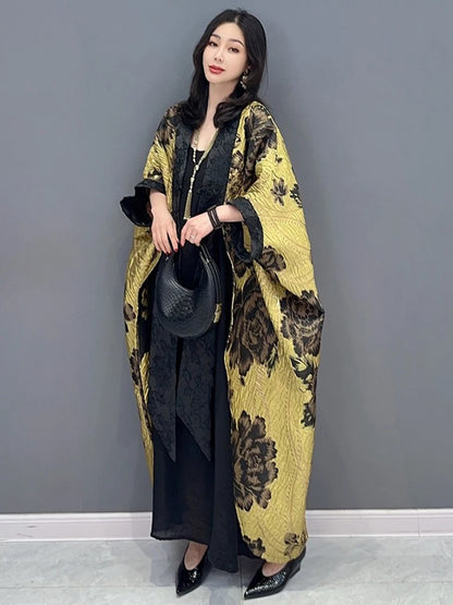 XITAO Casual Loose V-neck New Arrival Betwing Sleeve Coat Long Chinese Style Dark Flower Autumn Cardigan Female Trench GMM1032