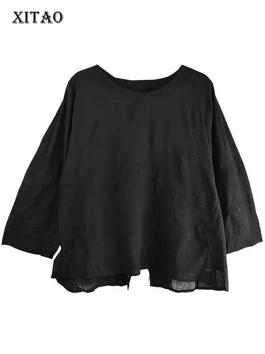 XITAO O-neck Three Quarter Sleeve T-shirt Solid Color Simplicity All-match Irregular Casual 2024 Autumn Women New Top GJ1071