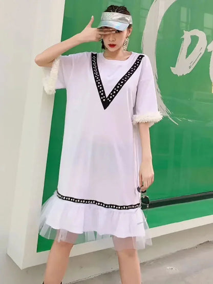 XITAO Tide Patchwork Mesh Rivet Elegant Dress Women Clothes Summer New Fashion Loose Pullover Short Sleeve Dresses  DMY4123