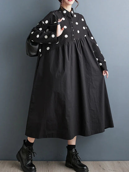 XITAO Full Sleeve Loose Dress Casual Fashion Print Dot Patchwork Vintage Turn Down Collar Women New Dress DMJ2749