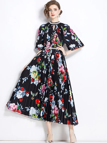 XITAO Pleated Print Floral O-neck Dress Pearl Fashion Half Sleeve Temperament Fashion Summer New Arrival Personality LYD1869