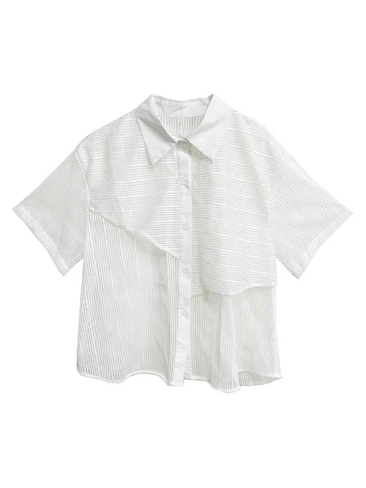 XITAO Striped Gauze Shirt Solid Color Perspective Short Sleeve Women Irregular Top Summer Personality New Shirt ZY8868