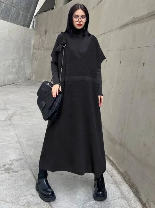 XITAO Fake Two Pieces Knitting Dress Casual Solid Color Women Fashion New Style Turtleneck Collar Long Sleeve Dress ZY2310