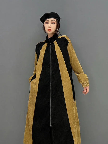 XITAO Contrast Color Casual Women Trench Loose Fashion Zipper Stand Collar Long Sleeve Spring All-match New Coat WLD13312