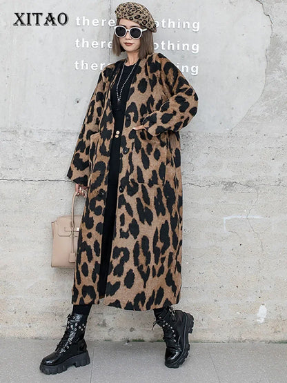 XITAO Leopard Women Blends Contrast Color Splicing Simplicity Temperament V-neck Fashion Autumn Winter 2024 New Coat HJF10107