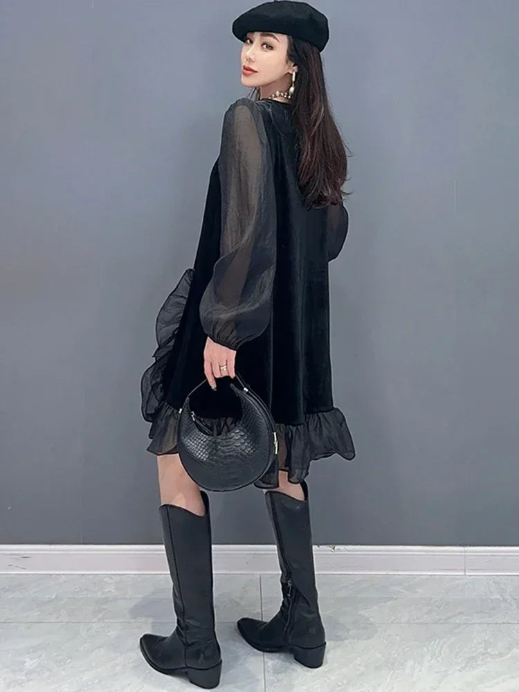 XITAO O-neck Patchwork Mesh Dress Pullover Casual Loose Solid Color Simplicity Goddess Style Fashion Women New DMJ3525