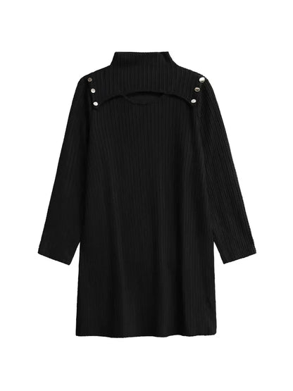 XITAO Hollow Out Casual A-line Patchwork Knitted Dress Solid Casual Knee-length Temperament Half High Collar Women Dress ZYY1084