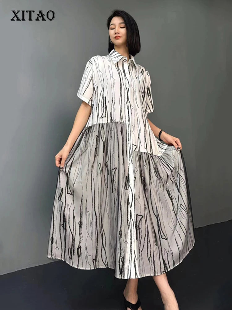 XITAO Asymmetrical Mesh Patchwork Shirt Dress Striped Fashion Loose Simplicity Summer Women Casual Short Sleeve Dress HQQ2369