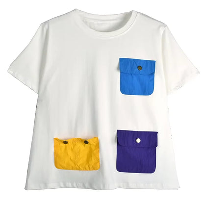 XITAO Pocket Patchwork Contrast Color T-Shirts O-neck Pullover Short Sleeve Casual All Match Slimming Loose T-Shirts ZY8922