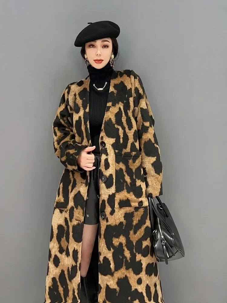 XITAO Leopard Single Breasted V-neck Blends Pocket Patchwork Long Sleeve Loose Fashion Mid-calf Long Coat 2024 Autumn New LJ1063