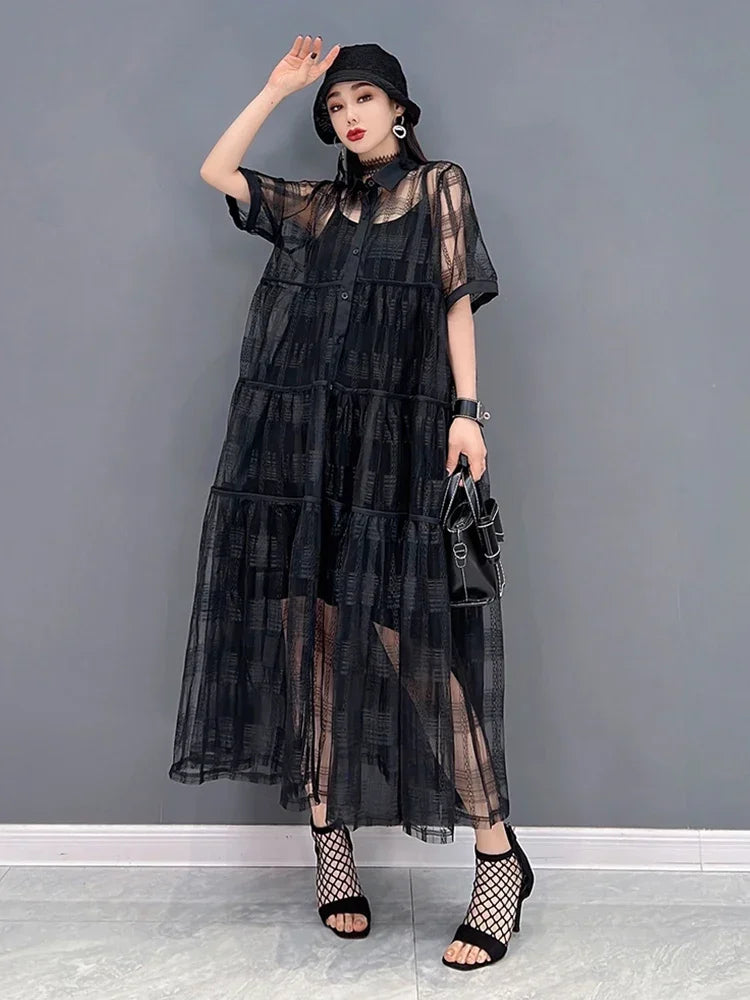 XITAO Solid Pleated Dress Women Korea 2024 Summer New Personality Fashion Loose Turn-down Collar Short Sleeve Dress  WLD7063