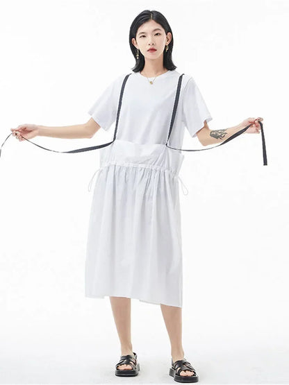 XITAO Drawstring Dress Fashion False Two Piece Goddess Fan Casual Style Pleated Elegant Summer Minority Loose Dress WLD7214