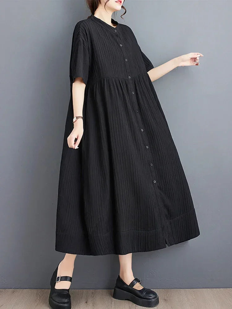 XITAO Loose Stand Collar Dress Temperament Appear Thin Summer New Arrival Casual Fashion Elegant Solid Color Dress HQQ0422