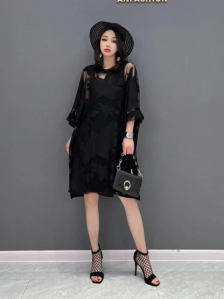 XITAO Black Mesh Jacquard Dress Loose Hollow Out Perspective Net Cloth Mini Dress Summer New Three Quarter Sleeve WMD7032