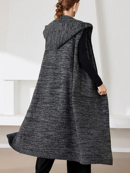 XITAO Solid Color Sleeveless Knitting Hooded Long Vests Pocket Mid-calf Female Loose 2024 Spring New Casual All Match ZZ0052