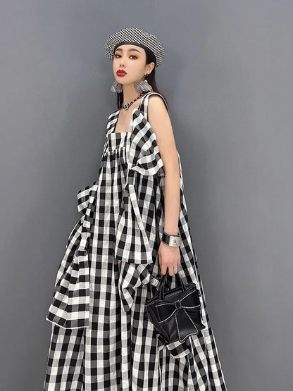 XITAO Plaid Dress Backless Sleeveless Patchwork Bow Small Fresh Casual Style 2022 Summer Minority Elegant Loose Dress WLD7014