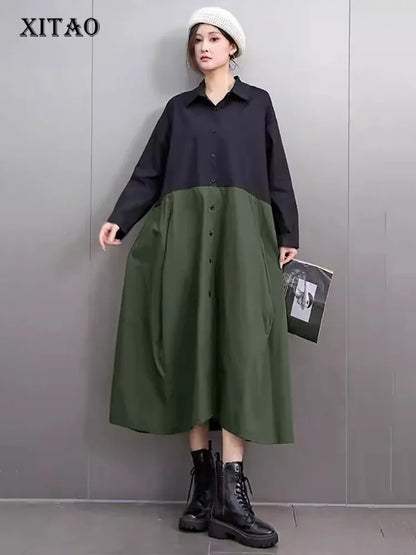 XITAO Patchwork Contrast Color Turn-down Collar A-line Dress Casual Solid Color Slimming Simplicity Autumn Women Dress GMM1127