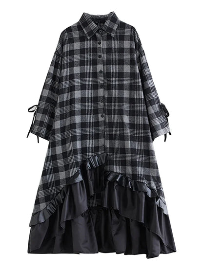 XITAO Plaid Flare Sleeve Asymmetrical Dress Single Breasted Turn-down Collar Patchwork Fashion Shirt Dresses 2024 Autumn LJ1010