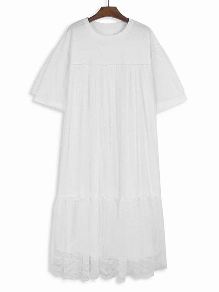 XITAO Round Neck Casual Dress Short Sleeve Mesh Splicing Fashion Korea Solid Color Female Simplicity Summer Dress LYD1855