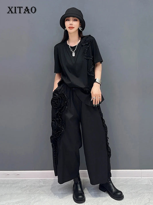 XITAO Black Casual Pant Set Summer Three-dimensional Flower O-neck Loose Fashion Wide Leg Cropped Pants Two-piece Set LYD1845