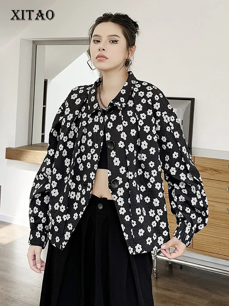 XITAO Print Turn-down Collar Single Breasted Jackets Long Sleeve All Match Fashion Temperament Casual Coat Autumn New DMJ5022