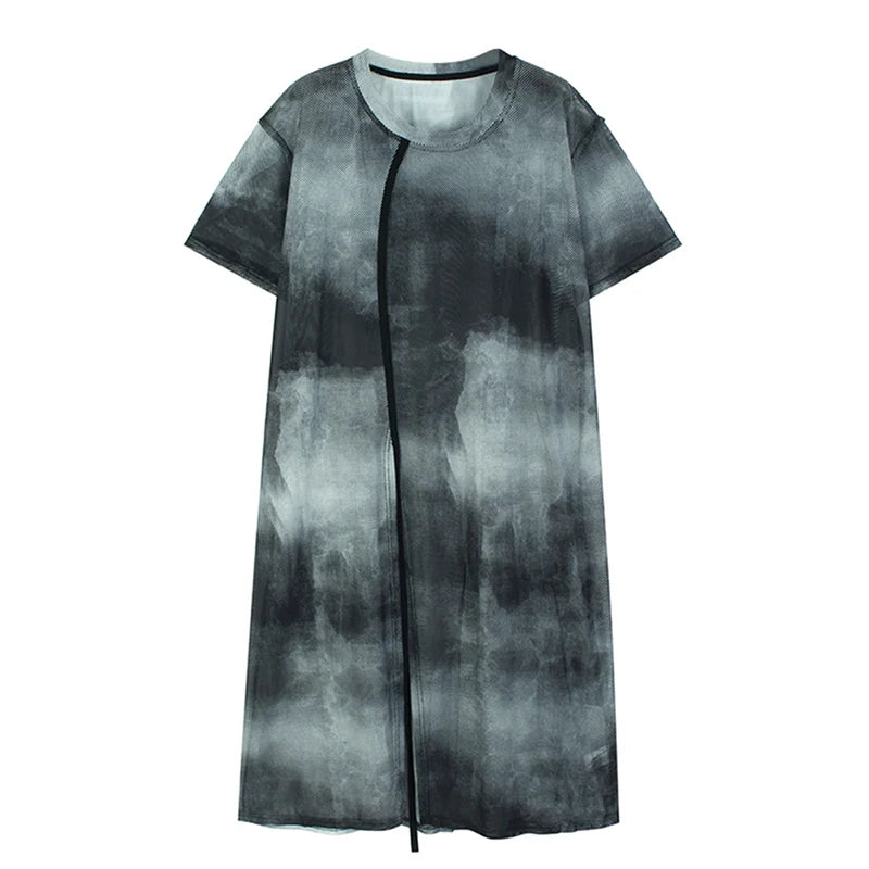 XITAO Tie Dye Perspective Mesh Slit Female Dress Personality Casual T-shirt Dress 2024 Summer New Street Trendy Women WLD20248