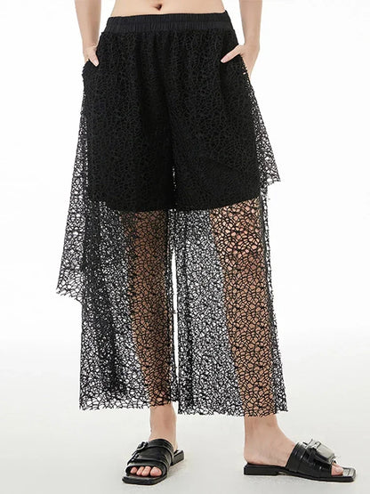 XITAO Hollow Out Mesh Pants Double Net Patchwork Perspective Calf Length Wide Leg Pants Summer New Personality All-match ZY7132