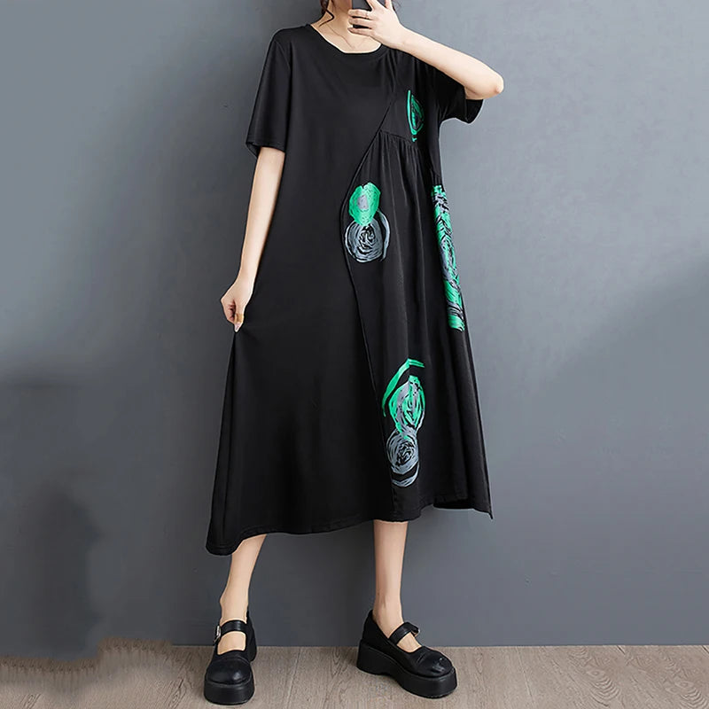 XITAO Loose Printing Dress O-neck Short Sleeve Pullover Patchwork Slimming Vintage Summer Fashion Women New Dress LYD1786